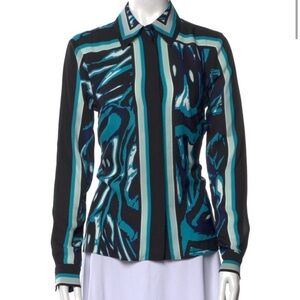 Diane Von Furstenberg Teal, Aqua & Black Striped Abstract Button-Down Blouse